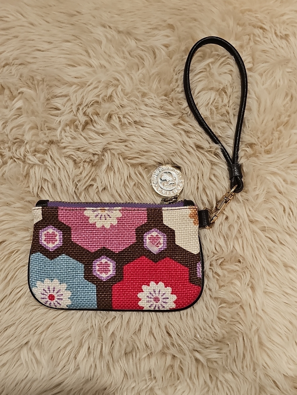Spartina 449 Floral Hex Needlepoint Leather Accented Multi Color Wristlet NWOT
